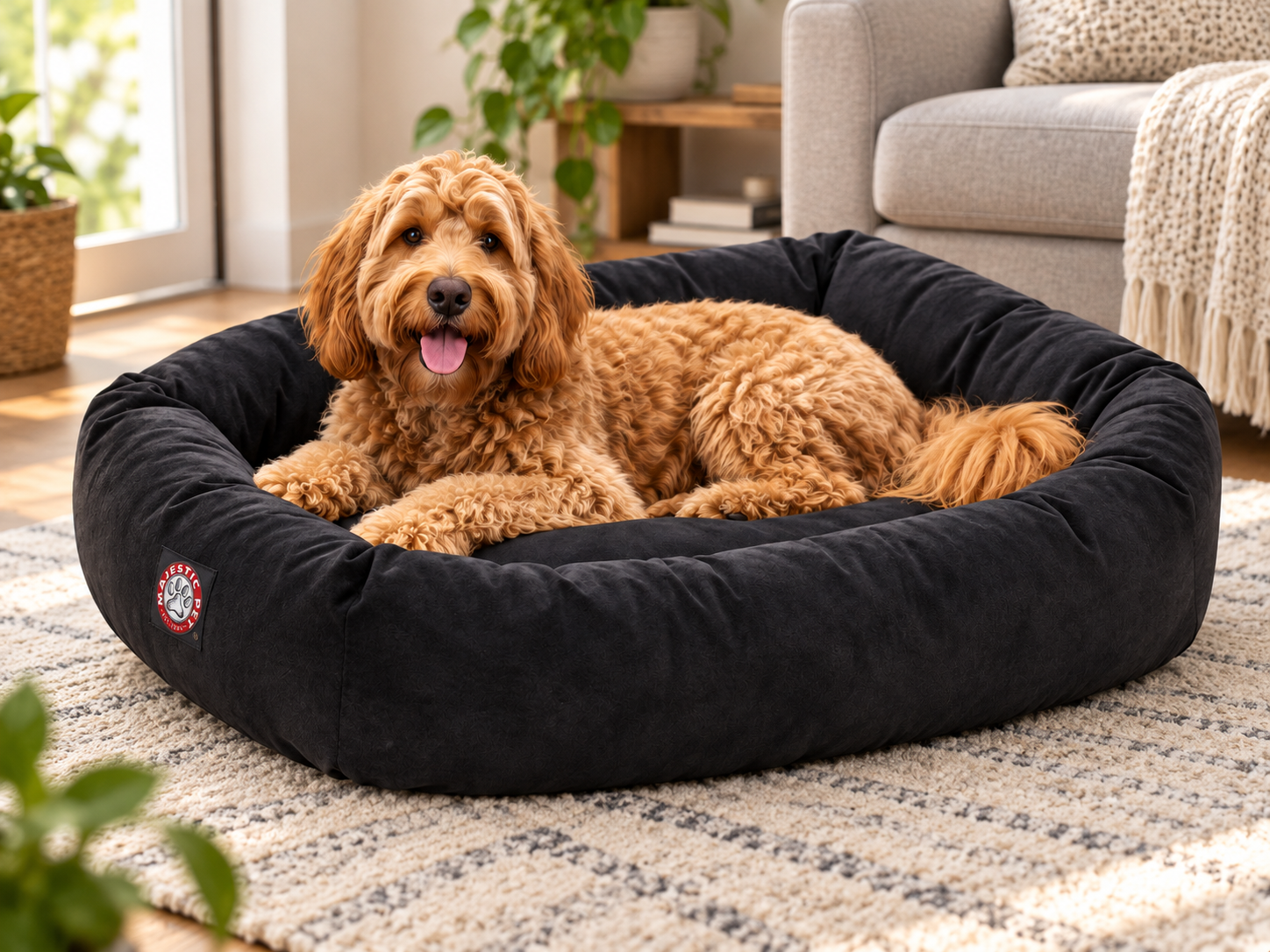 Majestic Pet Suede Bagel Dog Bed with dog in a home setting