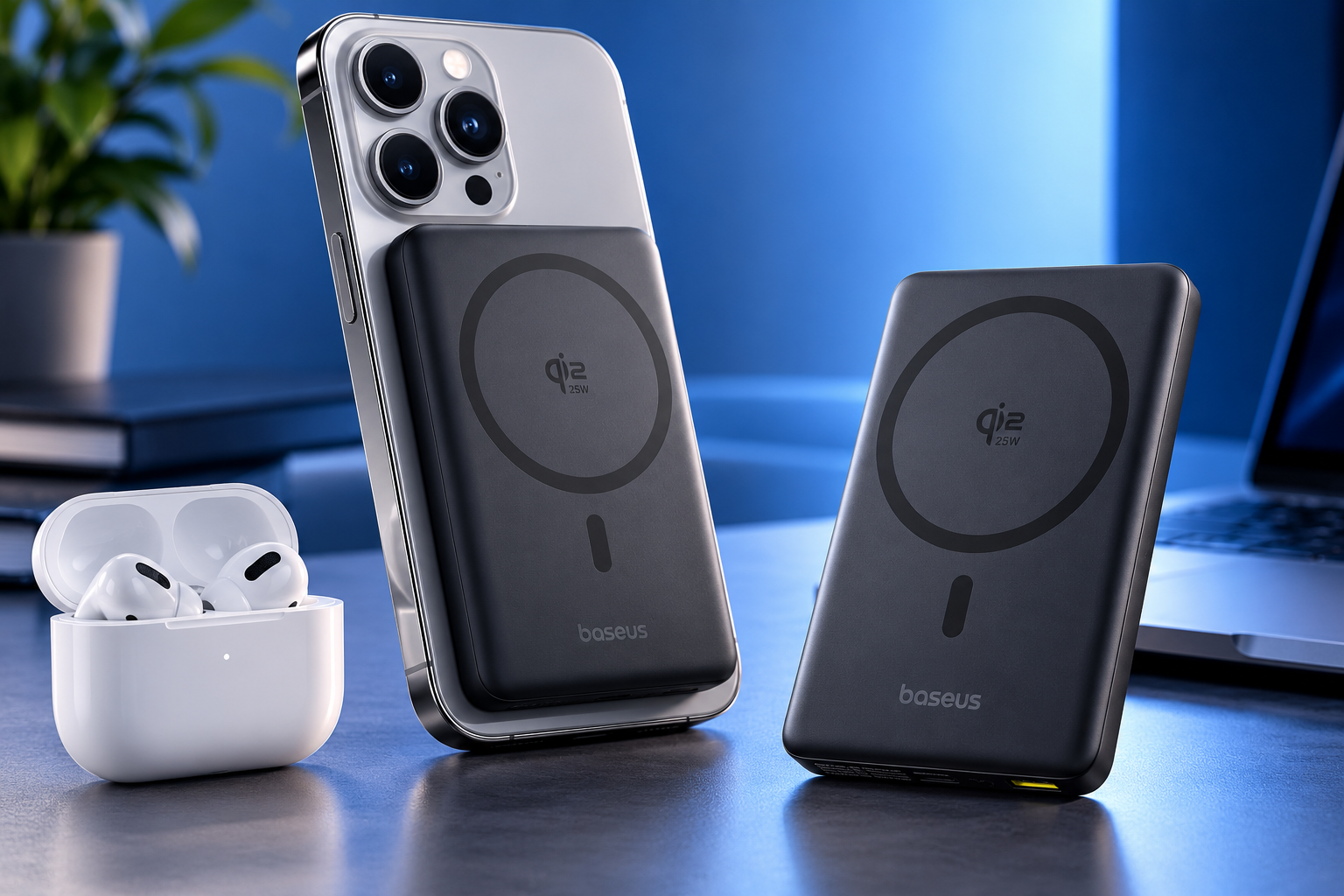 Baseus PicoGo AM52 Review – magnetic power bank with smartphone and wireless earbuds on a blue background